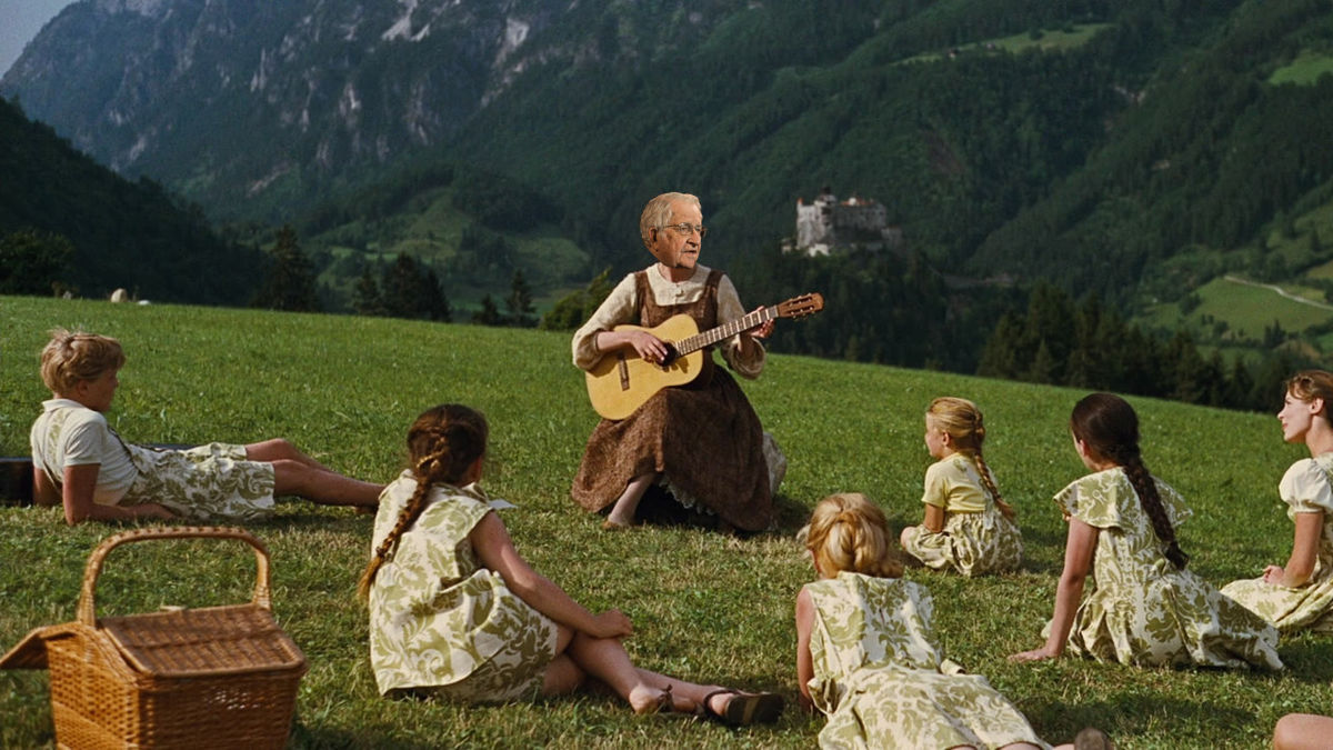 Sound of Music: Maria sings to the von Trapp children but Noam Chomsky's face is photoshopped to replace Maria's
