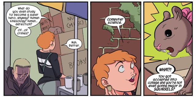 Comic of Tippy Toe, the squirrel, asking Squirrel Girl what she will study at university. Squirrel Girl reveals she'll be studying computer science!