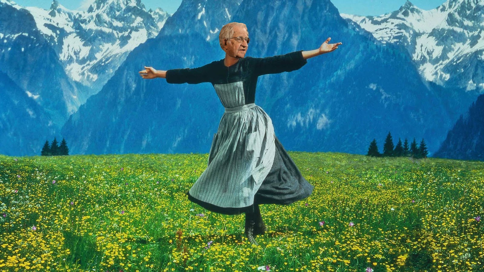 Sound of Music hills with Maria twirling around, but with Noam Chomsky's face photoshoped in